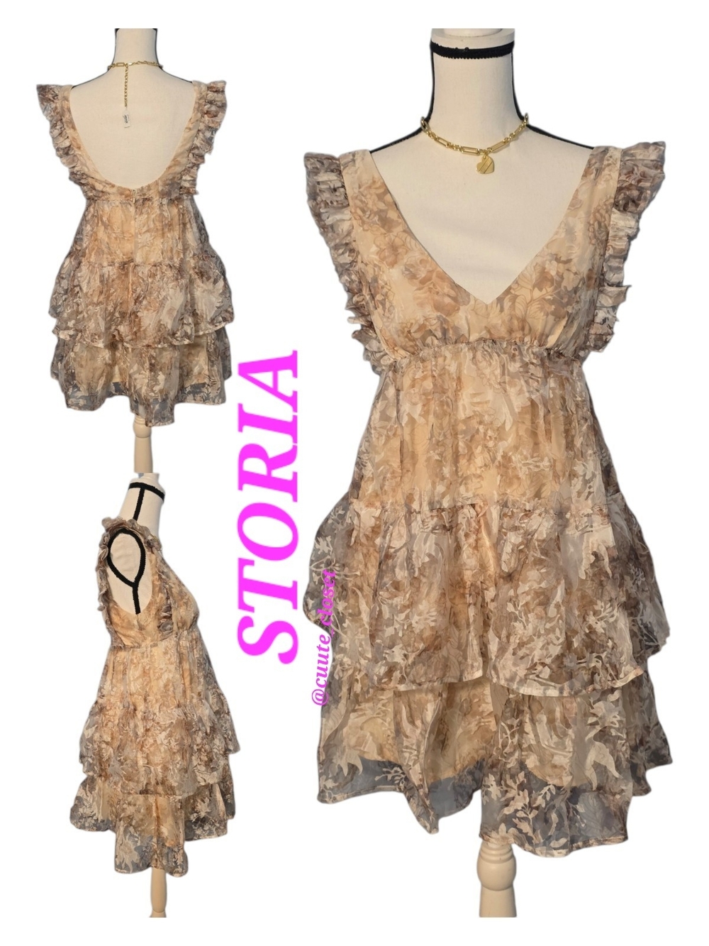 Storia Beige Floral Ruffle Tiered V-Neck Dress Cottagecore